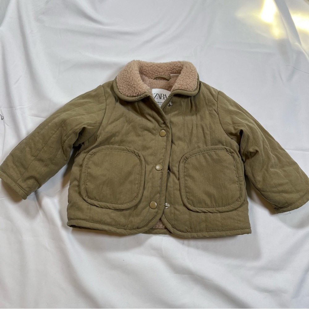 Zara Baby Sz 3-6m Cozy Sherpa Jacket‎ Barn Jacket Front Pockets Olive Green Fall